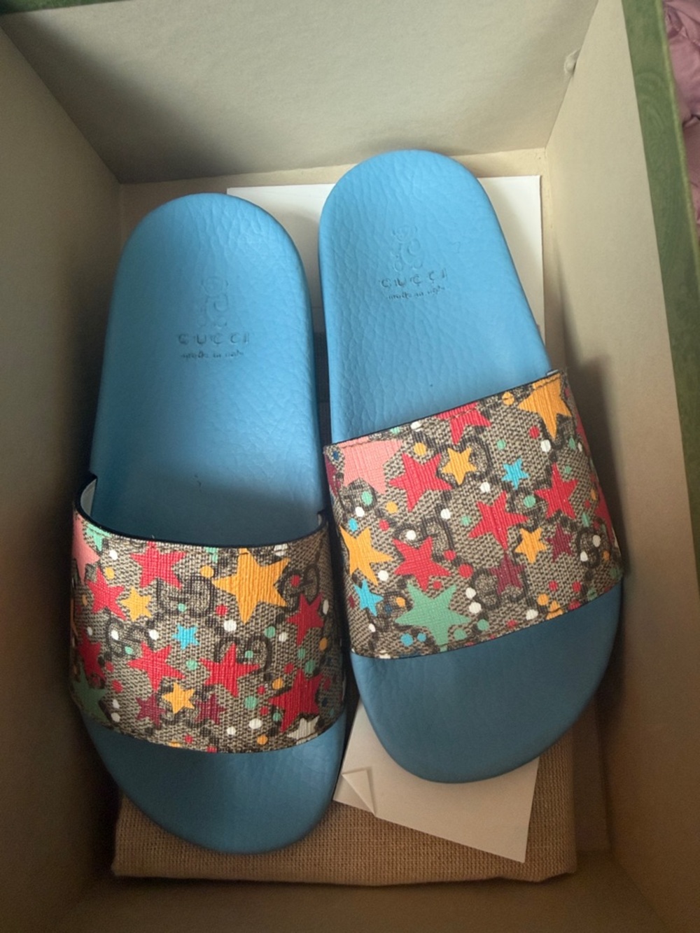 Gucci Blue Kids Slide Sandals with Multicolor Star Strap